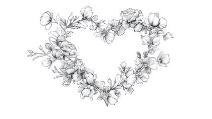 Loose sketch-style heart-shaped floral frame ideal for invitations and cards