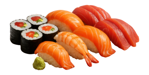 Artistic sushi arrangement with vibrant traditional rolls and sashimi on a wooden platter.