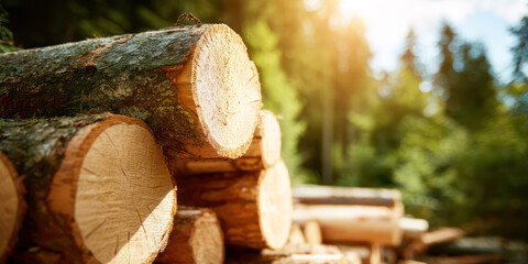 logging timber wood cutting, forest management deforestation sight. log pile in forest