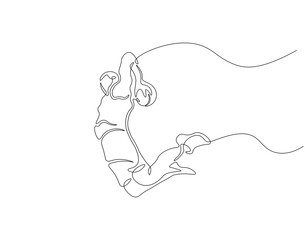 Basketball dunk continuous line. Continuous one line drawing of basketball player jumps high to score with slam dunk. Basketball man action concept. Single line drawing