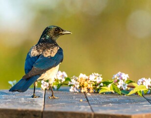 Obraz premium Bird on wooden surface with flowers