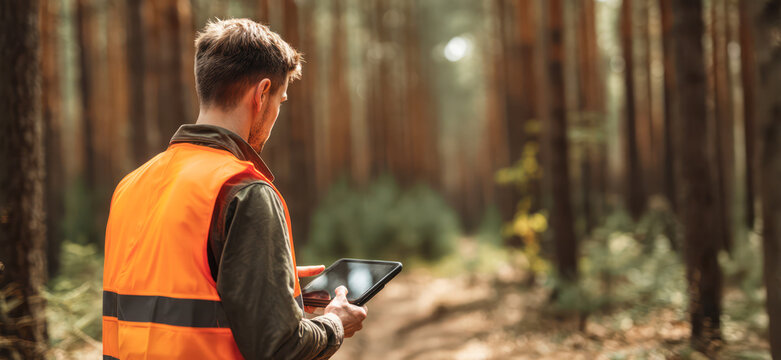 forestry worker with tablet, concept of forest management timber inspection using technology