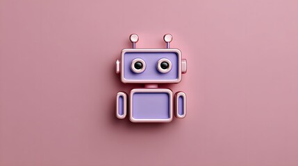 Cute, Colorful Robot Toy Character on a Pastel Pink Background with Large Eyes and Playful Design