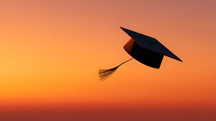 Silhouette of a Graduation Cap in Motion Against a Vibrant Sunset Sky Celebrating Achievement