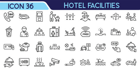 Minimal line art depicting various hotel amenities with icons illustrating available features and services