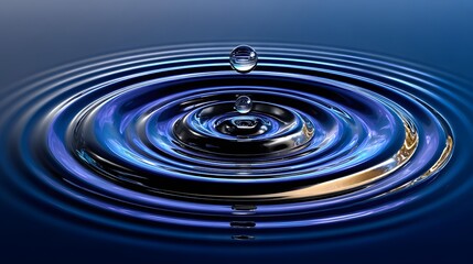 Close Up of Water Droplet Creating Ripples on a Calm Surface in an Elegant Blue Setting