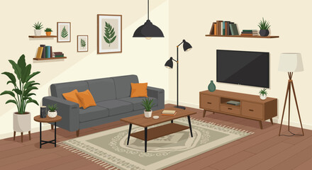 Cozy Living Room Interior with Gray Sofa Wooden Furniture and Decorative Elements