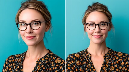 Portrait of a Confident Woman with Glasses Smiling Against a Vibrant Blue Background