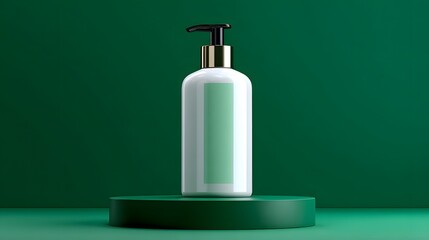 Minimalistic White Cosmetic Bottle with Gold Pump Against a Green Background on Circular Stand
