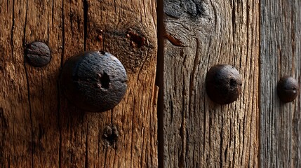 Detailed Closeup of Weathered Wooden Surface with Rusty Metal Bumps and Intricate Textures