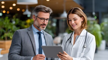 Professionals Collaborating Over Digital Tablet in Modern Office Environment with Greenery