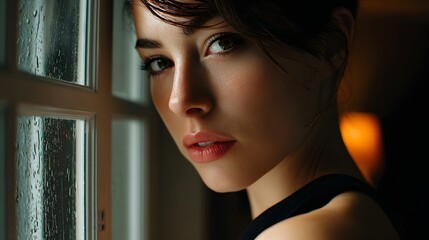 Portrait of a Thoughtful Woman Gazing Out of a Window with Soft Ambient Light and Serene Atmosphere