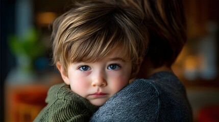 Close Portrait of a Young Child Embraced by an Adult Away from Home in a Cozy Environment