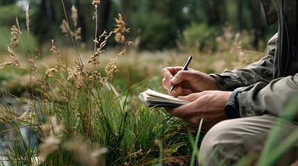 Person Writing in Notebook Surrounded by Lush Grass and Trees in a Peaceful Natural Setting