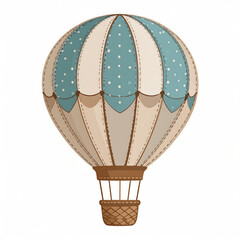 A vintage-style hot air balloon illustration with blue polka dots and beige stripes, featuring a wicker basket.