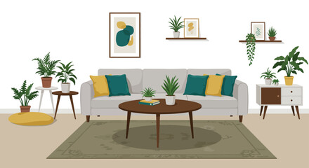 Cozy Living Room Interior with Sofa Coffee Table and Decorative Elements