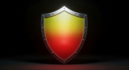 Metal shield with red yellow gradient and rivets on black background steel armor