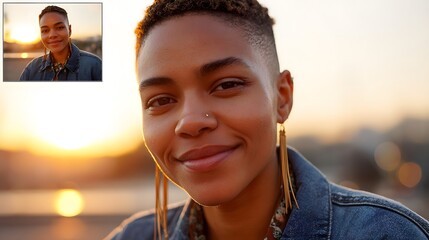 Portrait of a Young Woman Smiling at Sunset with a Beautiful Urban Background and Natural Light