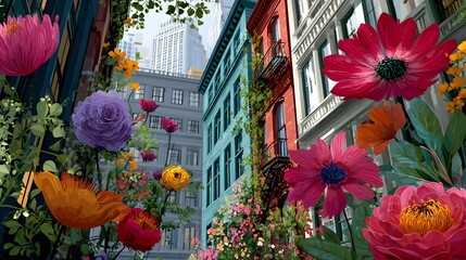 Vibrant Alleyway Filled with Colorful Flowers and Lush Greenery in a Cityscape