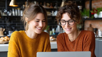 Two Women Smiling Together While Using a Laptop at a Cozy Cafe with Modern Interior