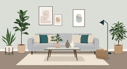 Fototapeta premium Modern Living Room Interior with Gray Sofa and Abstract Art Prints