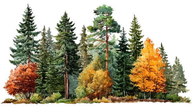 Mixed forest of evergreens and autumn-colored deciduous trees transparent background