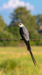 Bird perched on barbed wire fence