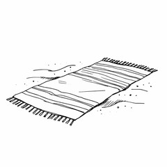 A hand-drawn black and white sketch of a striped beach towel with fringe lying on the sand.