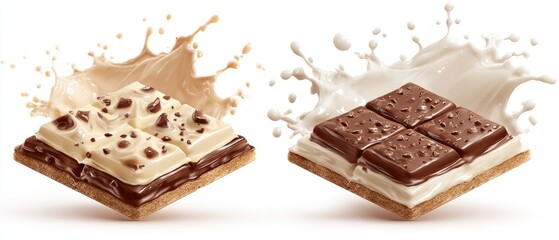 Two chocolate squares on a cookie base, each with a milk splash; one is white chocolate with chips, the other milk chocolate, segmented