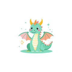 Charming little teal dragon with orange horns and pink wings sits happily surrounded by sparkling stars