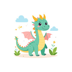 Obraz premium Adorable green dragon with pink wings and playful expression, surrounded by clouds and flowers
