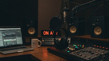 A low-angle, close-up shot of a professional broadcasting or podcasting setup. The main focus is on a high-quality condenser microphone attached to an articulated boom arm and a pair of black over 