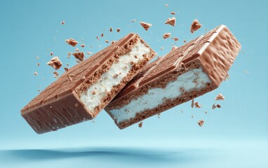 Two chocolate-covered biscuit bars, separated mid-air, revealing a creamy filling;  chocolate shards are scattered around