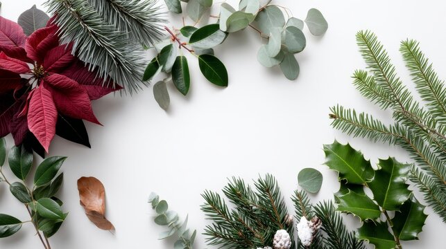 Festive winter foliage arrangement with poinsettia holly pine needles and snow accents on white surface with copy space