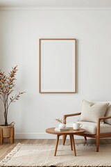 cozy minimalist living room, blank frame on wall, wooden furniture, soft beige tones