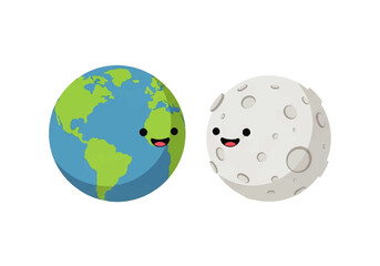 Fun and whimsical earth and moon characters with happy expressions. Perfect for educational materials, childrens books, and playful designs.