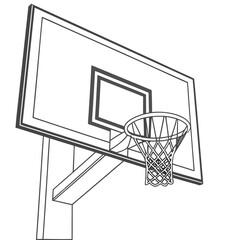 A simple outline drawing of a basketball hoop and backboard viewed from a low angle on a white background