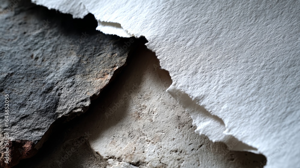Poster topdown view of torn handmade paper edges revealing fibrous texture with ample copy space on the rig