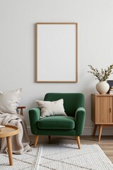 minimal living room with blank frame on wall, soft cushions, velvet green chair, wooden furniture