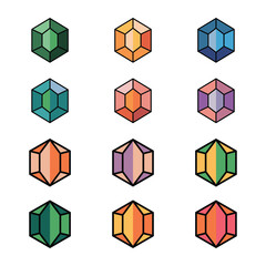 Prismatic Hexagonal Gem Icons Collection with Colorful Geometric Abstract Shapes Design