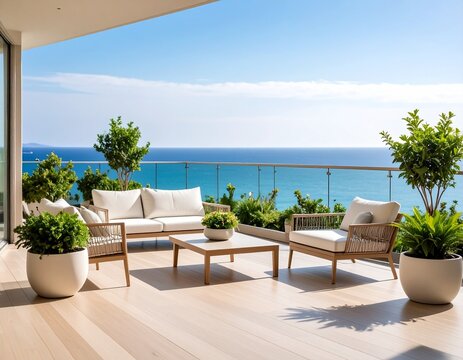 Terraza moderna con baranda de cristal, muebles blancos minimalistas