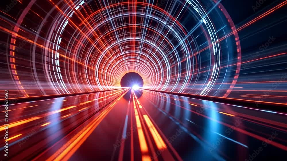 Aufkleber futuristic neon tunnel with dynamic glowing light streaks and digital grid pattern