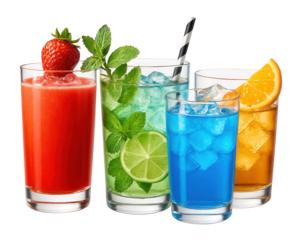 Assorted colorful cocktails in highball glasses with garnishes.