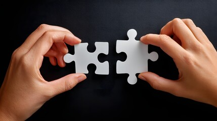 Hands Connecting Two White Puzzle Pieces on a Dark Surface Representing Problem Solving and Collaboration