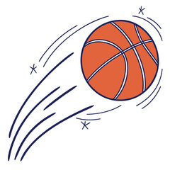 Dynamic orange basketball with blue motion lines and starbursts on white background