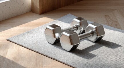 Two chrome hexagonal dumbbells rest on a light gray exercise mat atop a light wood floor, bathed in sunlight from a nearby window