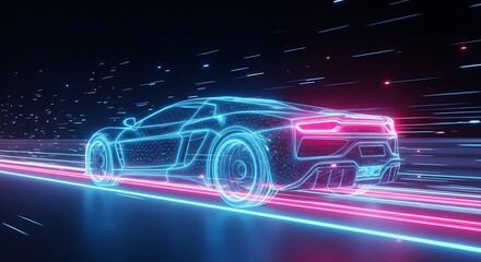 Neon wireframe sports car driving on glowing light trails image