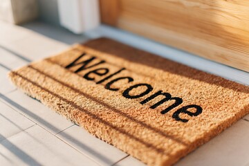 Cozy welcome mat placed at the entrance of a home in warm afternoon sunlight