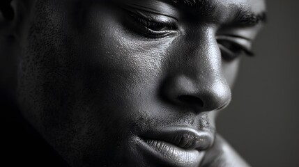 Closeup Portrait of a Young Man with Reflective Skin and Emotional Expression in Soft Focus