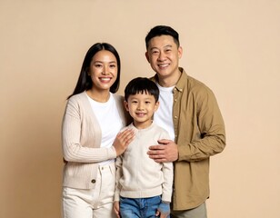 Fototapeta premium Smiling Family Poses Together on Beige Background